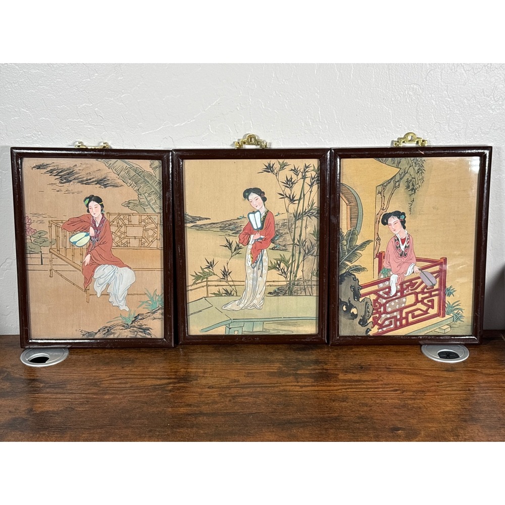Vintage Chinese Hand Painted Silk Painting Triptych Framed Set Traditional Women